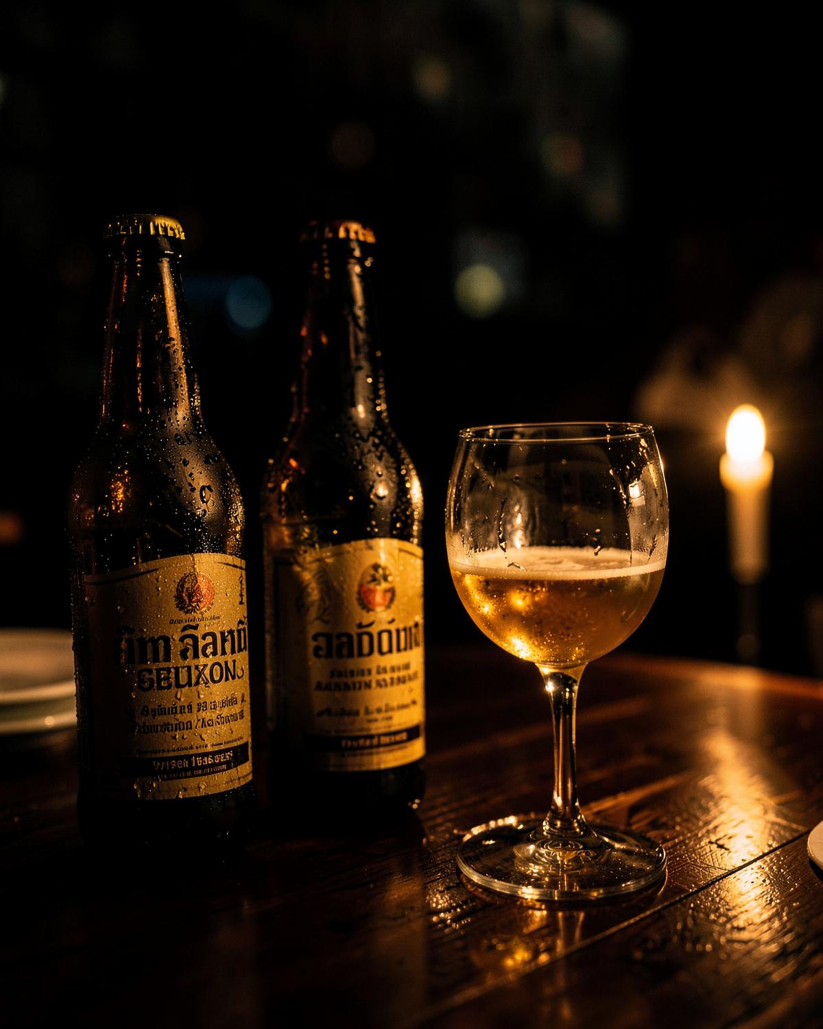 Chilled Thai beer on a dark table